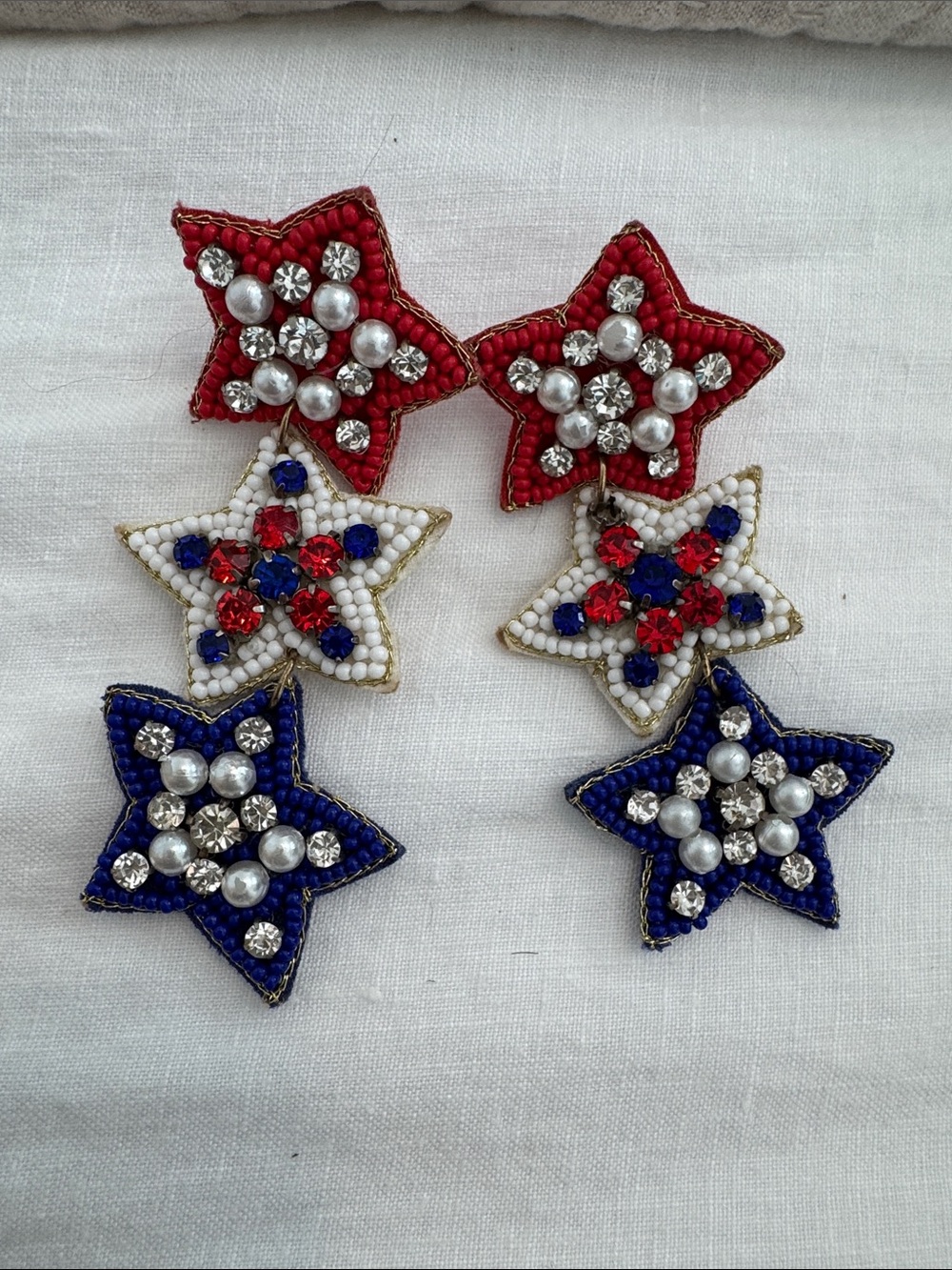 Patriotic Beaded Star Drop Earrings - Red White Blue